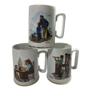 Norman Rockwell Sea Farer Large Coffee Mugs Vintage 1985 Set of 3